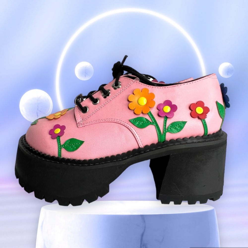 Delia’s Platform Shoes Pink Floral Flower Chunky Lace Up Size 5 Faux Leather - Picture 6 of 15